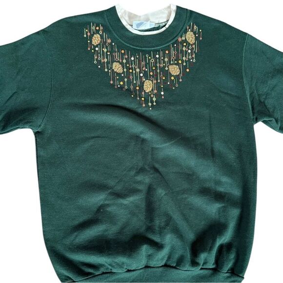 Morning Sun Sweatshirt Womens Medium Layered Collar Dark green Ivory Pinecone - Picture 4 of 11